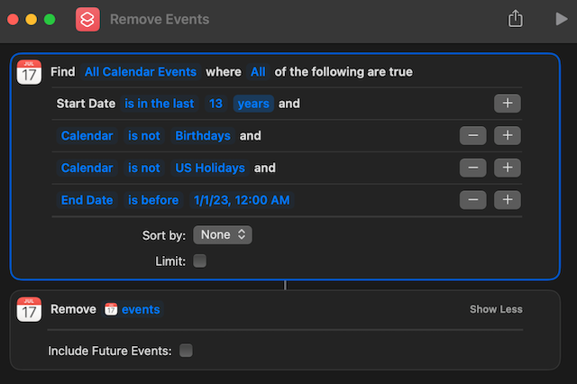 Batch deleting events in all but two calendars via Shortcuts.app